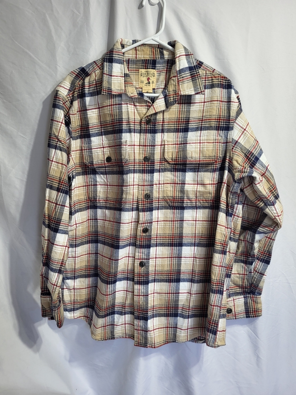 RedHead Plaid Button-Up Shirt in Cream, Navy & Red, Size Large